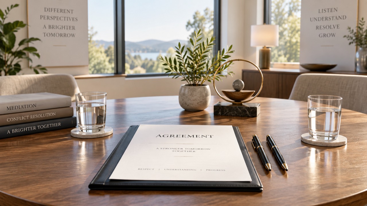 An agreement and two pens prepared on a meeting table