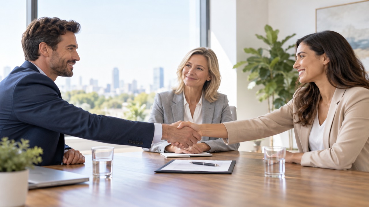 Two participants shaking hands across a table with a neutral facilitator