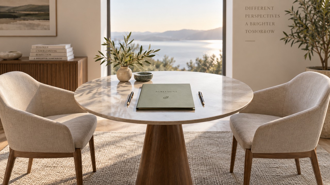 A calm setting with two chairs and a round table