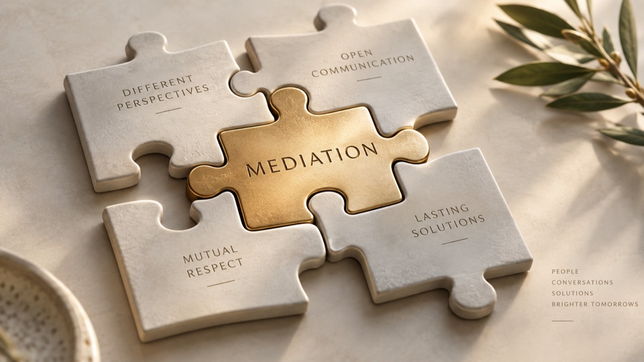 Puzzle pieces connecting mediation with different perspectives, open communication, mutual respect, and lasting solutions